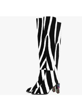 YDN Women Round Toe Knee High Boots Rhinestone Block Mid Heel Riding Boots Zebra
